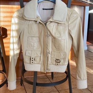 Tan leather and sweater cropped jacket